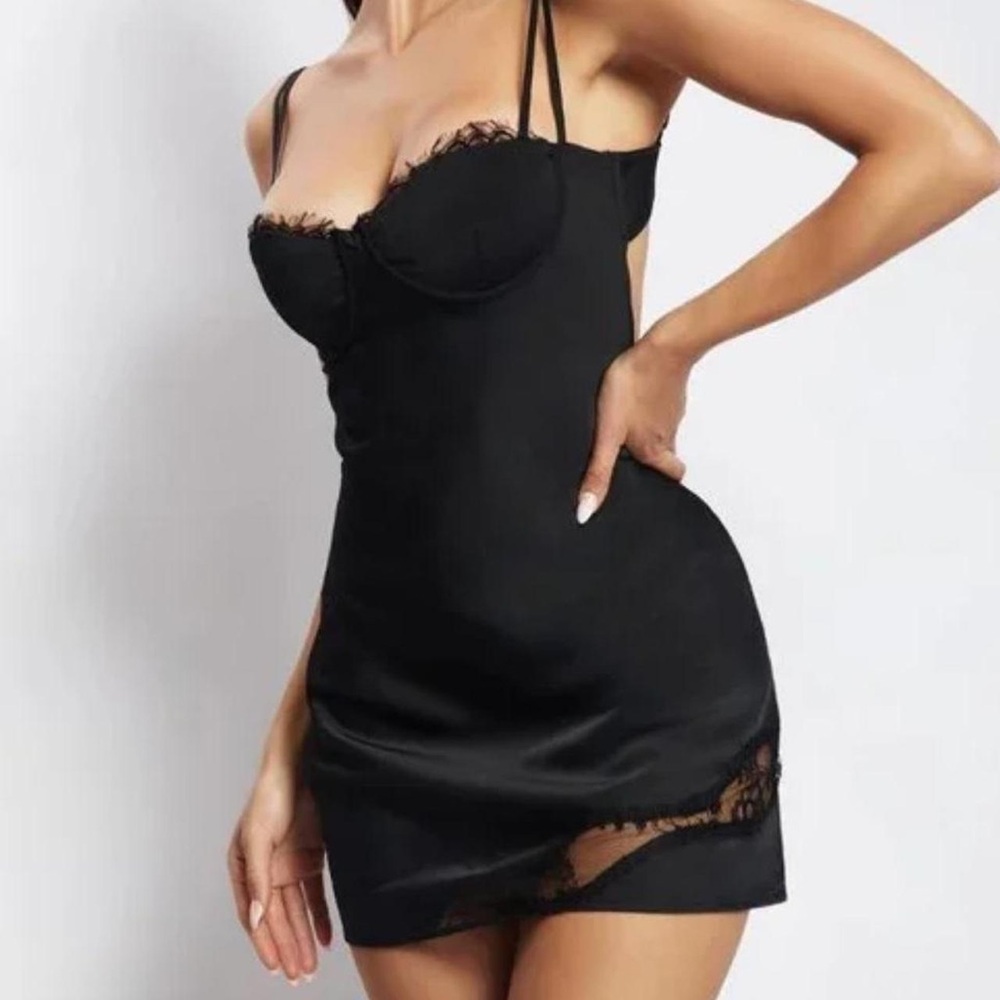 Meshki joslyn satin lace slip mini dress